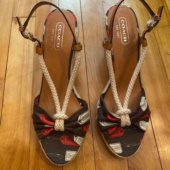 Coach Vintage Catolina Brown Coach Tag Motif Espadrille Wedge Sandal 10 - Picture 1 of 5